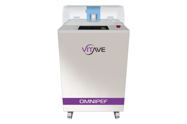 OmniPEF LAB, a white PEF system on castors with a clear hinged hood over the treatment chamber and a control panel with a total-stop button.