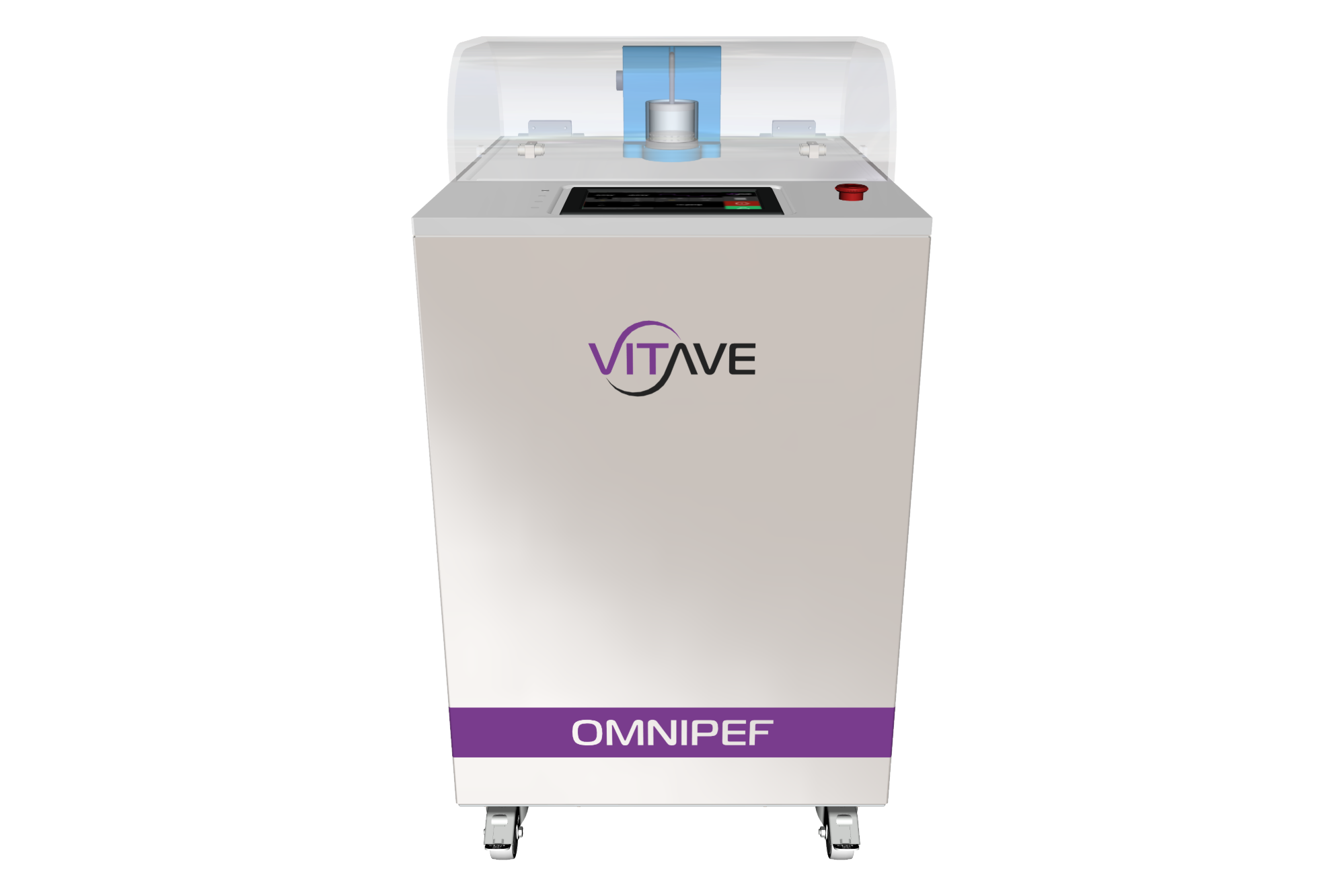 OmniPEF LAB, a white PEF system on castors with a clear hinged hood over the treatment chamber and a control panel with a total-stop button.