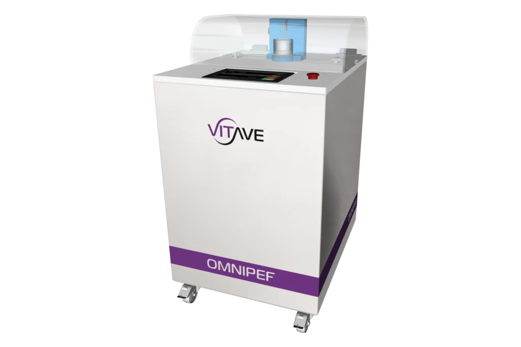 OmniPEF LAB, a white PEF system on castors with a clear hinged hood over the treatment chamber and a control panel with a total-stop button.