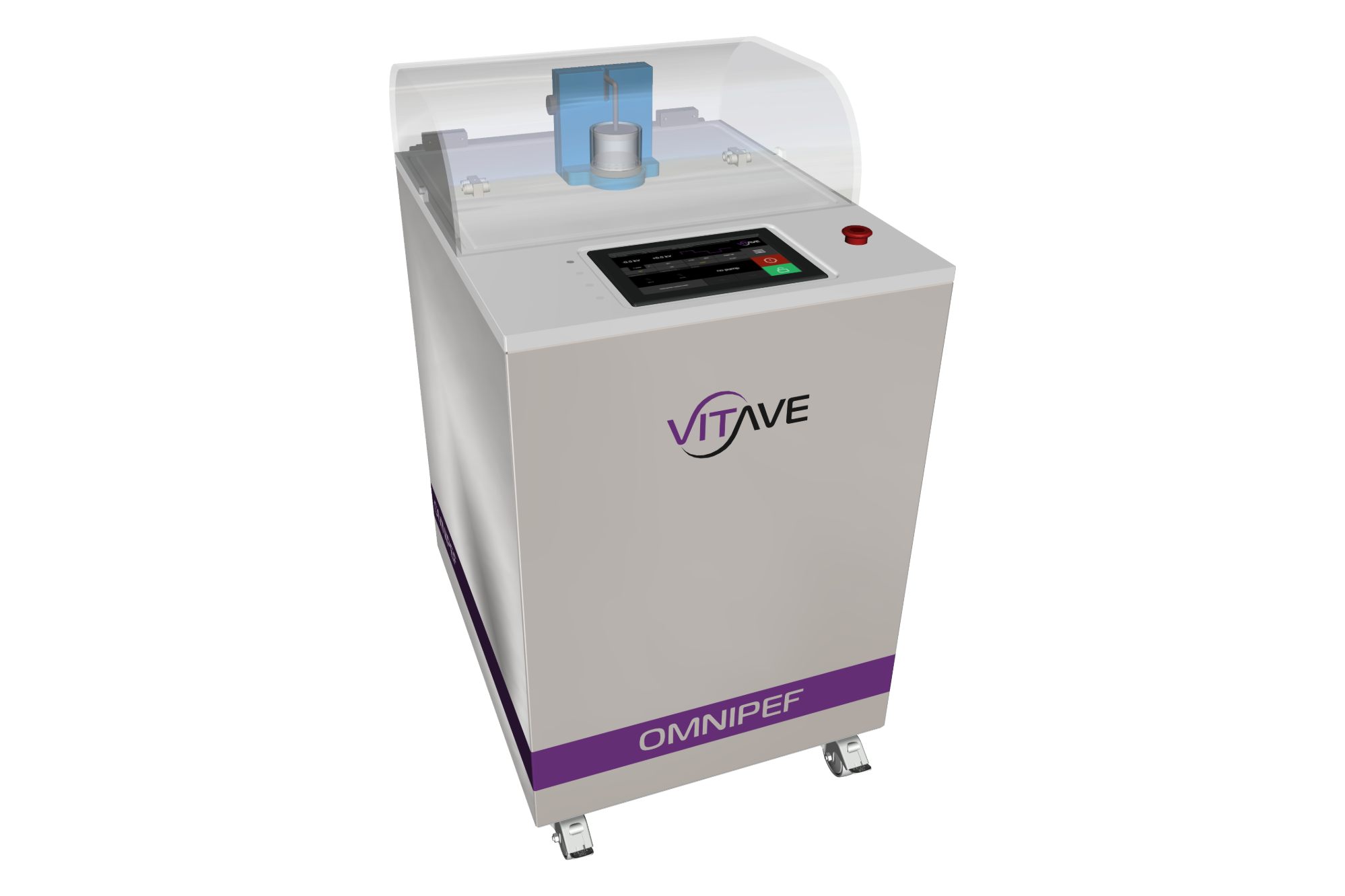 OmniPEF LAB, a white PEF system on castors with a clear hinged hood over the treatment chamber and a control panel with a total-stop button.