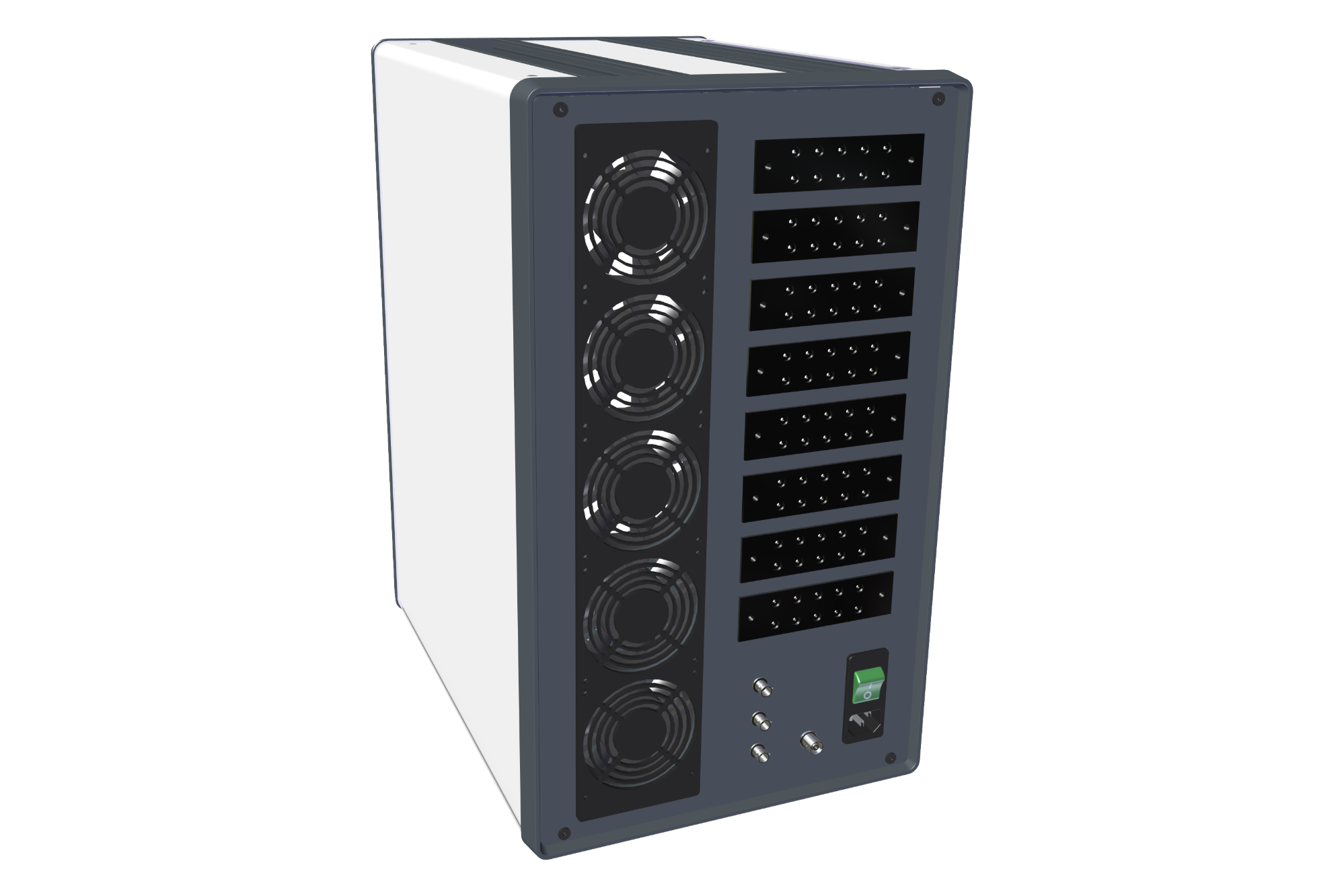 OmniPorator MATRIX upright cabinet with a column of cooling fans beside stacked blocks of output pins.