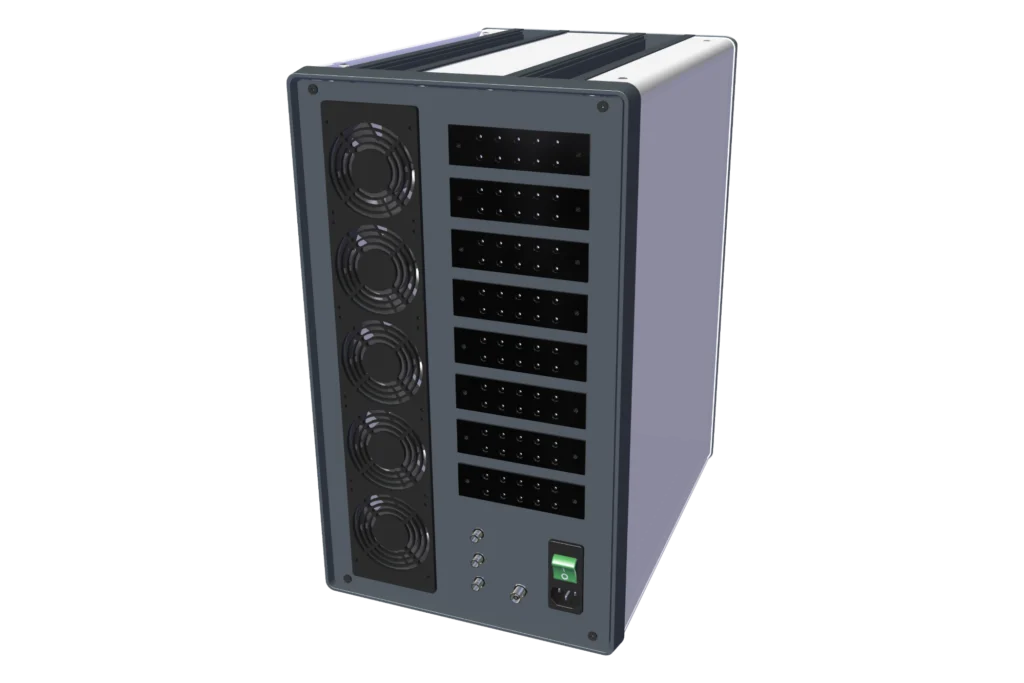 OmniPorator MATRIX upright cabinet with a column of cooling fans beside stacked blocks of output pins.