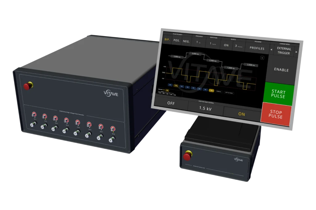 OmniPorator MULTI electroporation pulse generator with a row of output connectors across the front panel, beside a touchscreen controller.