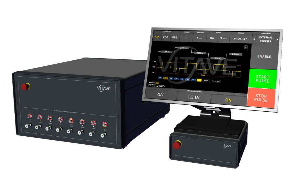 OmniPorator MULTI electroporation pulse generator with a row of output connectors across the front panel, beside a touchscreen controller.