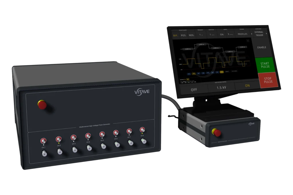 OmniPorator MULTI electroporation pulse generator with a row of output connectors across the front panel, beside a touchscreen controller.