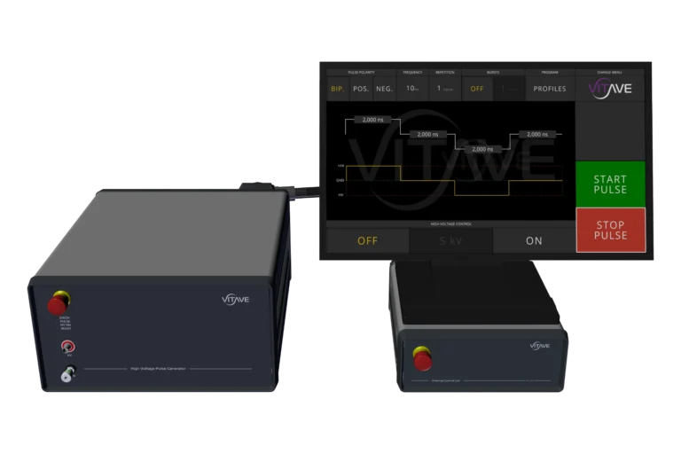 OmniPorator SOLO electroporation pulse generator with a total-stop button on its front panel, beside a touchscreen controller.