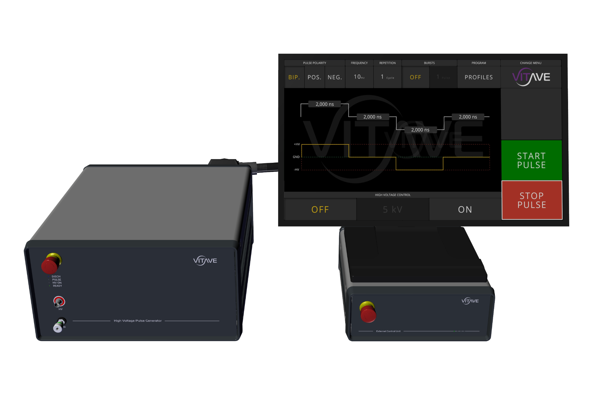 OmniPorator SOLO electroporation pulse generator with a total-stop button on its front panel, beside a touchscreen controller.