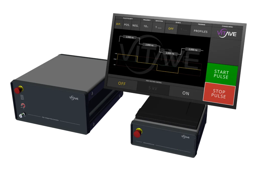OmniPorator SOLO electroporation pulse generator with a total-stop button on its front panel, beside a touchscreen controller.