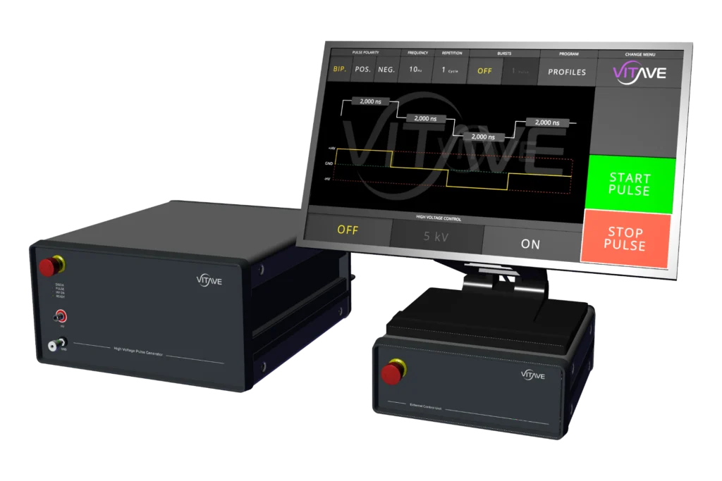OmniPorator SOLO electroporation pulse generator with a total-stop button on its front panel, beside a touchscreen controller.