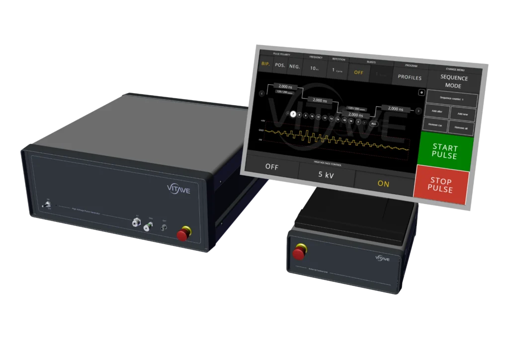 OmniPulser GP high-voltage pulse generator with its touchscreen controller and a separate control box with a total-stop button.