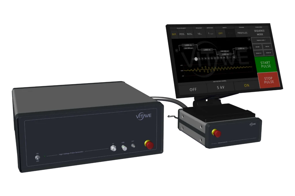 OmniPulser GP high-voltage pulse generator with its touchscreen controller and a separate control box with a total-stop button.