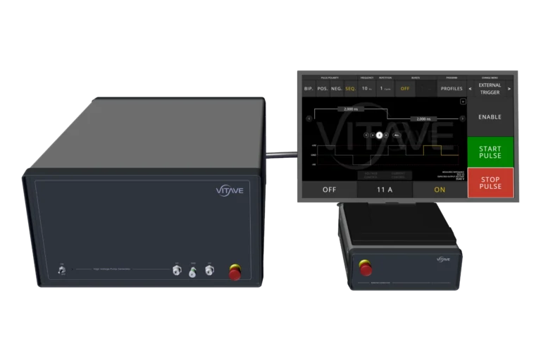 OmniPulser HF high-voltage pulse generator with its touchscreen controller and a separate control box with a total-stop button.