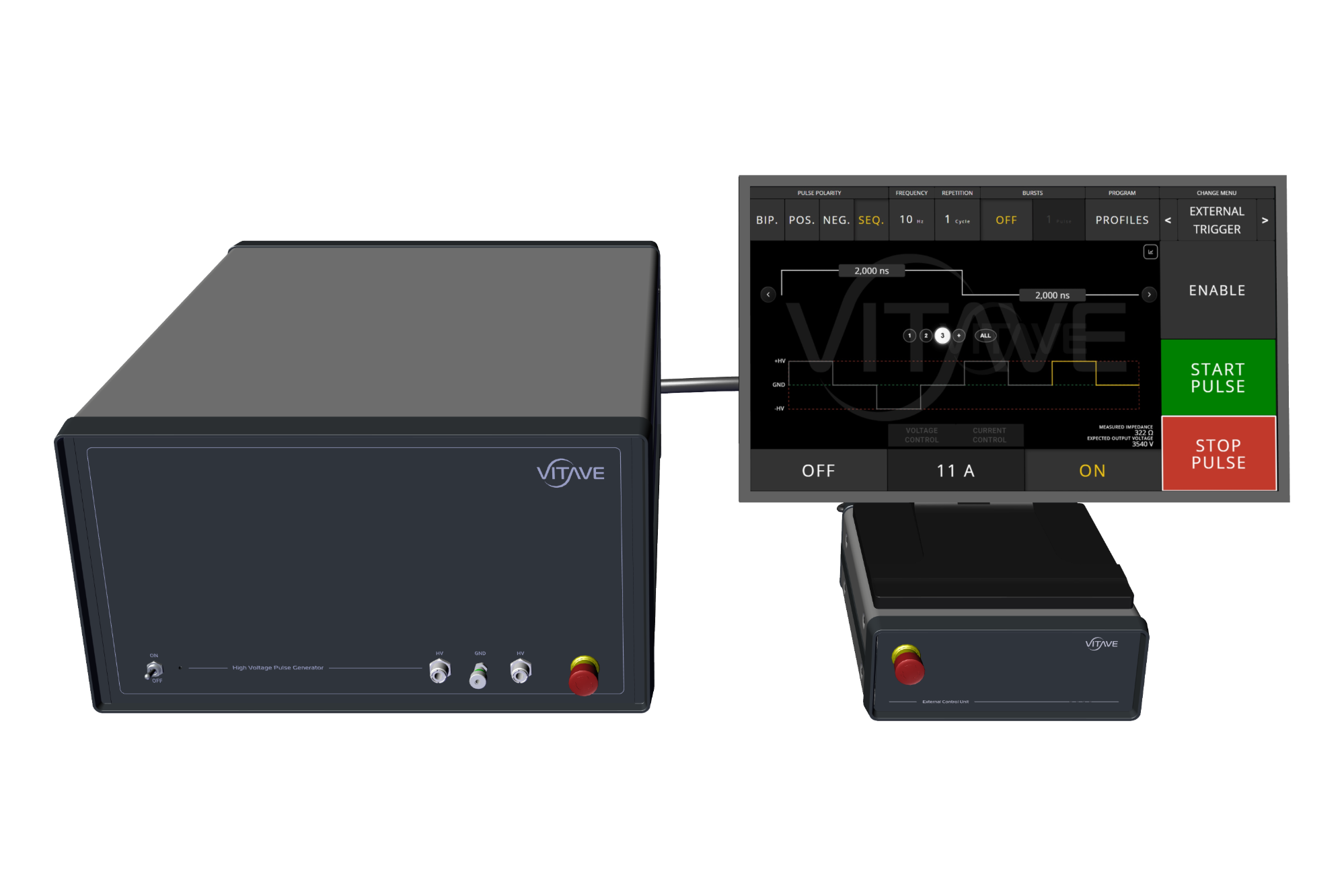 OmniPulser HF high-voltage pulse generator with its touchscreen controller and a separate control box with a total-stop button.
