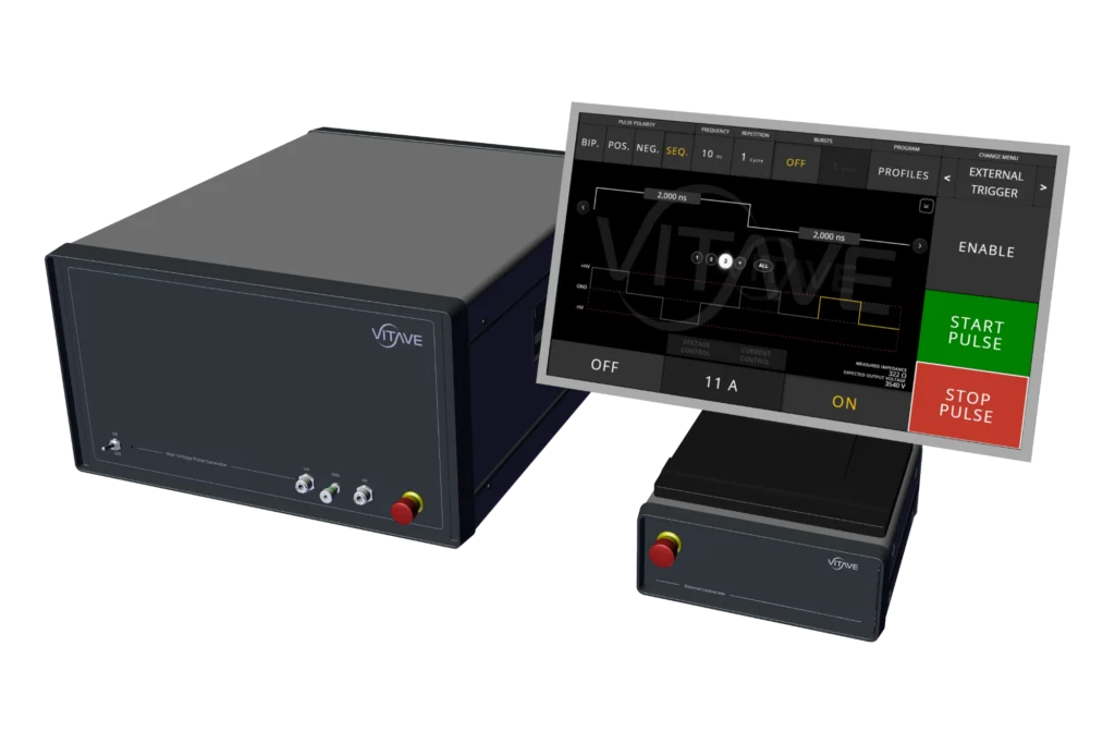 OmniPulser HF high-voltage pulse generator with its touchscreen controller and a separate control box with a total-stop button.