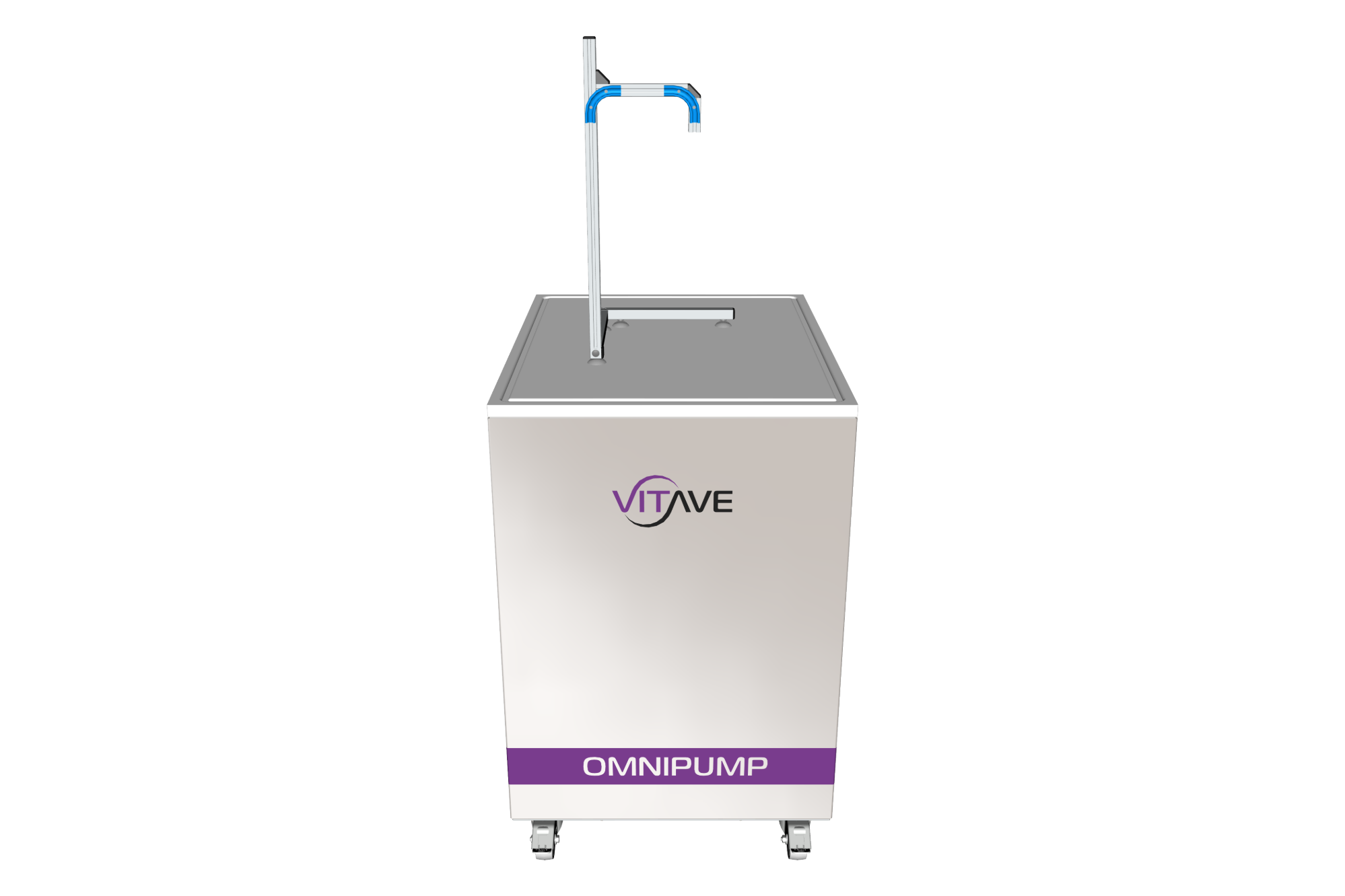 OmniPump, a white cabinet on castors with a vertical post carrying the outlet arm.
