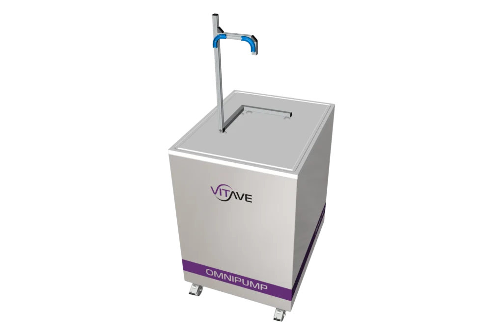 OmniPump, a white cabinet on castors with a vertical post carrying the outlet arm.