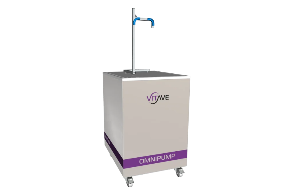 OmniPump, a white cabinet on castors with a vertical post carrying the outlet arm.