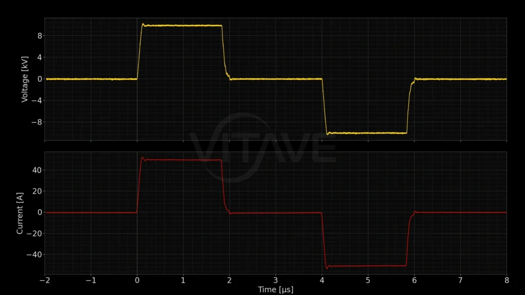 Oscilloscope capture of a bipolar pulse from a VITAVE pulse generator with Classic output, 10 kV peak voltage and 50 A peak current, 1.8 µs positive phase followed by 1.8 µs negative phase, voltage and current traces