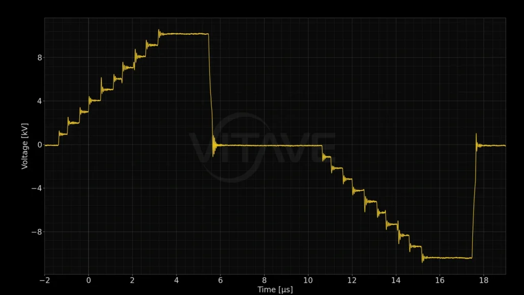 Oscilloscope voltage trace of a bipolar stepped pulse from a VITAVE pulse generator: both the positive pulse to 10 kV and the negative pulse to −10 kV climb in 10 discrete steps