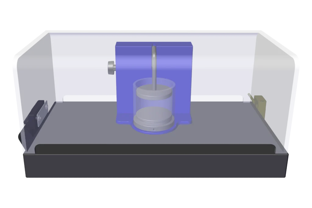 Safety cover enclosing a batch chamber: the chamber's transparent vessel sits in its blue plastic base, with the height-adjustable upper electrode on a rod through the base's slot.