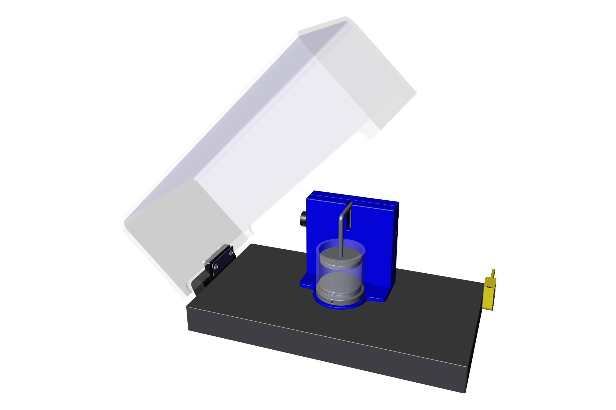 Safety cover enclosing a batch chamber: the chamber's transparent vessel sits in its blue plastic base, with the height-adjustable upper electrode on a rod through the base's slot.