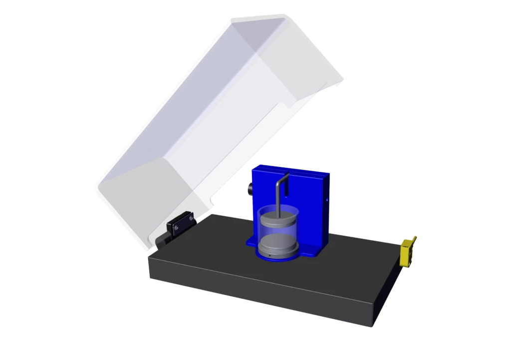 Safety cover enclosing a batch chamber: the chamber's transparent vessel sits in its blue plastic base, with the height-adjustable upper electrode on a rod through the base's slot.