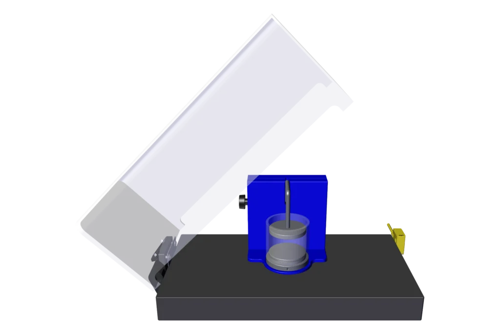 Safety cover enclosing a batch chamber: the chamber's transparent vessel sits in its blue plastic base, with the height-adjustable upper electrode on a rod through the base's slot.